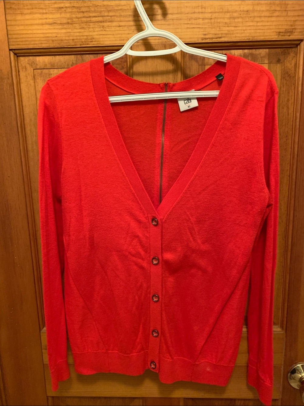 CAbi Bright Red V-Neck Button Cardigan